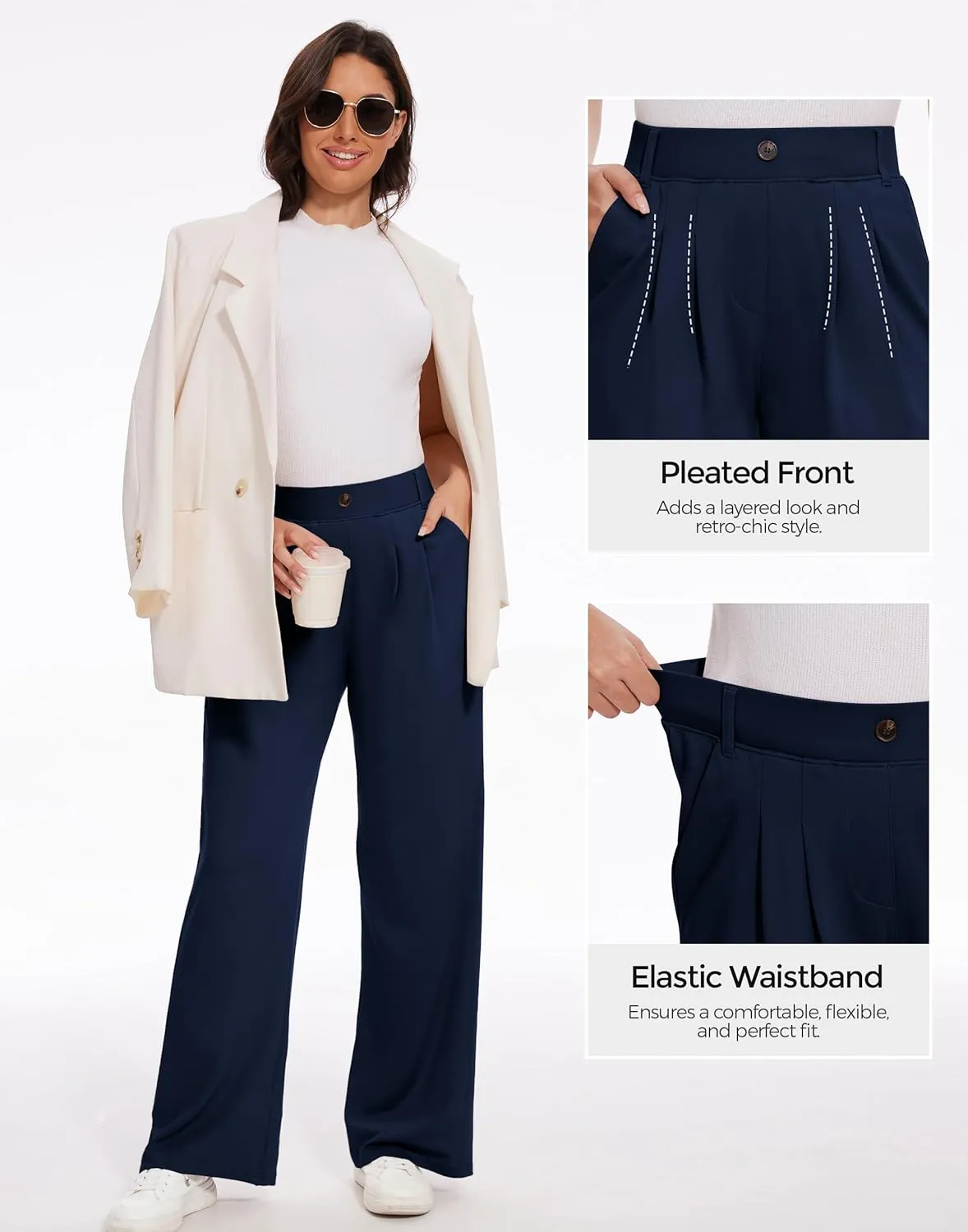 M MOTEEPI Women's Wide Leg Dress Pants Work Pants Pull on Business Casual Office Trousers Slacks 29"/31"
