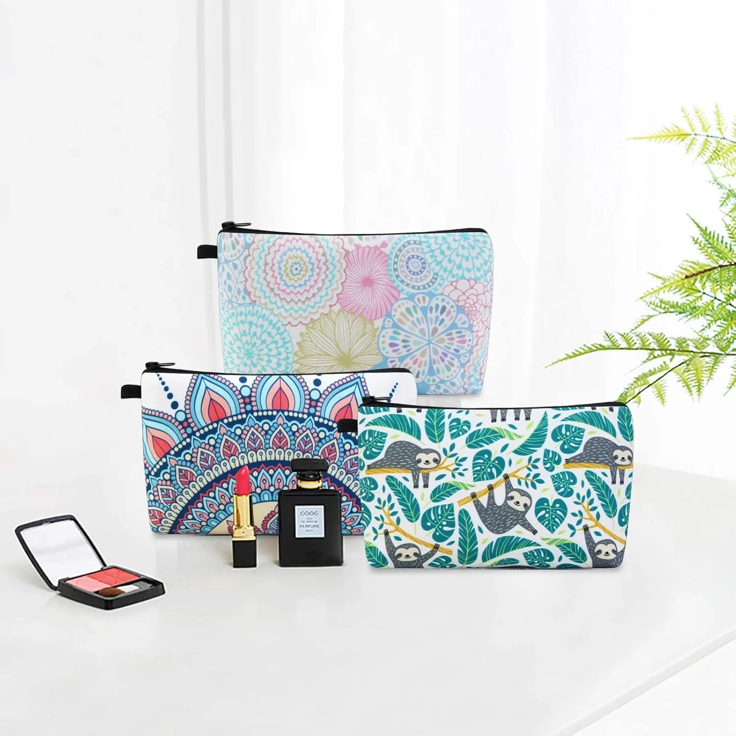 MAGEFY Makeup Bag 3 Styles Portable Travel Cosmetic Bag for Women Flower Patterns Small Toiletry Bag Sloth Gifts for Women Makeup Pouch with Black Zipper Pouch (3 packs)