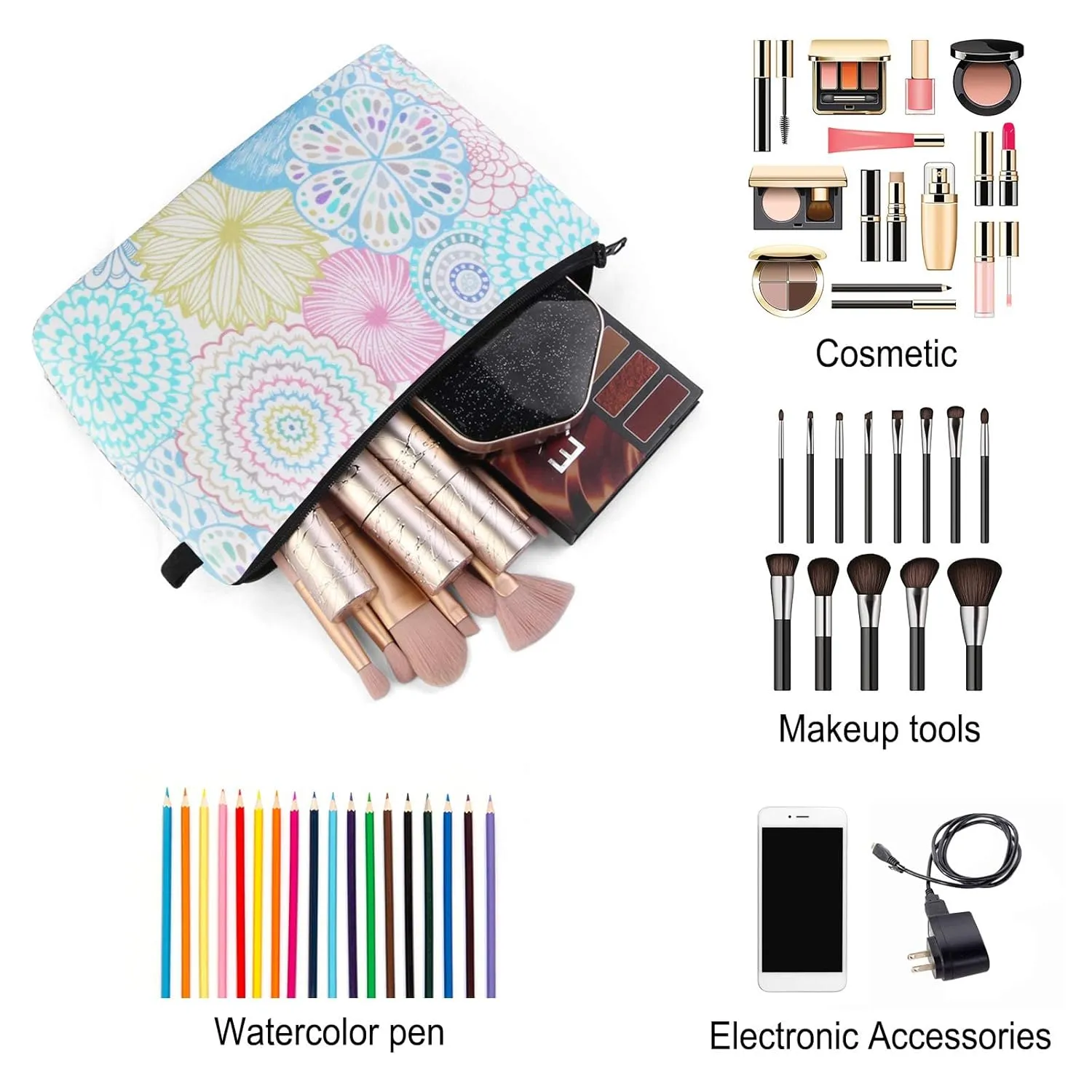 MAGEFY Makeup Bag 3 Styles Portable Travel Cosmetic Bag for Women Flower Patterns Small Toiletry Bag Sloth Gifts for Women Makeup Pouch with Black Zipper Pouch (3 packs)