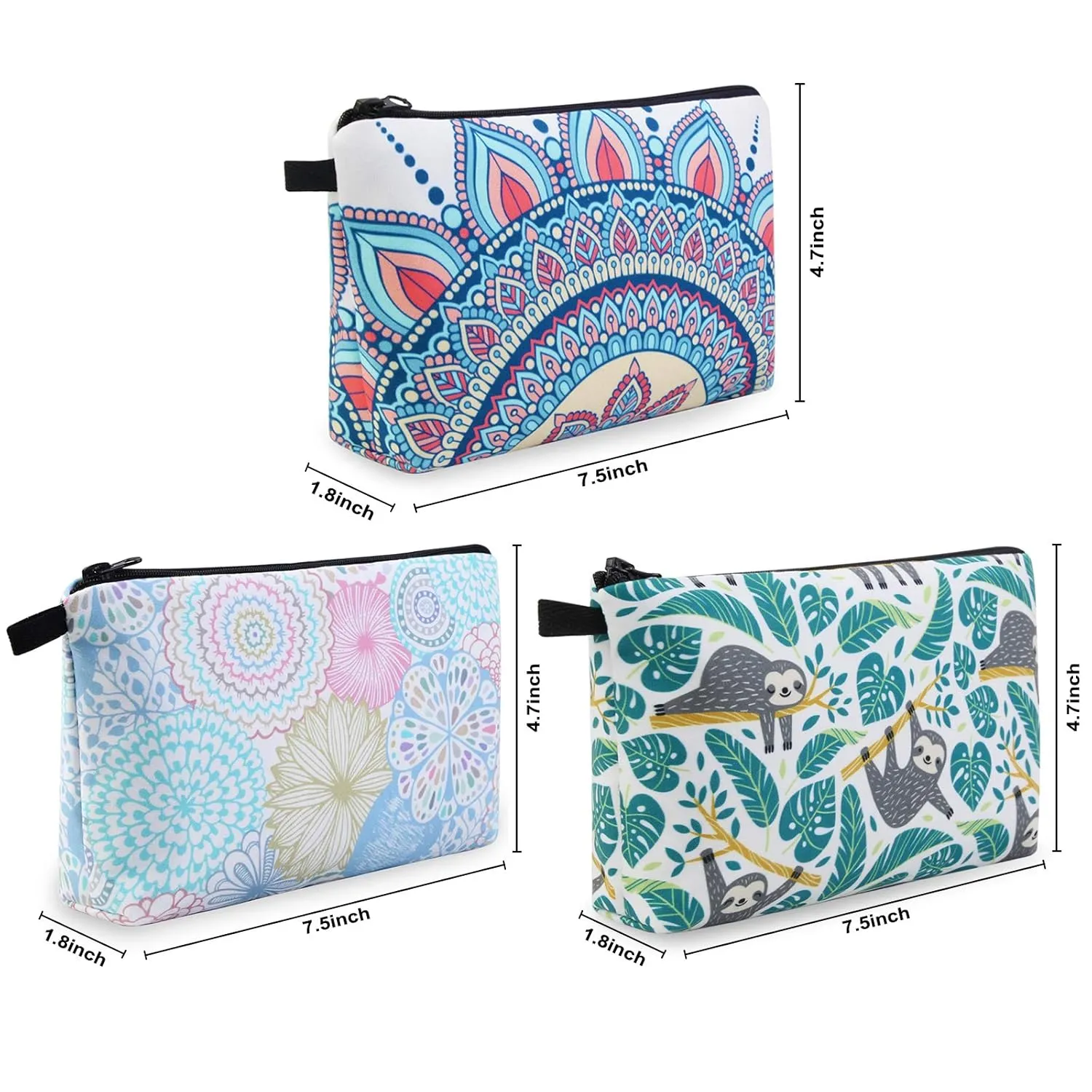 MAGEFY Makeup Bag 3 Styles Portable Travel Cosmetic Bag for Women Flower Patterns Small Toiletry Bag Sloth Gifts for Women Makeup Pouch with Black Zipper Pouch (3 packs)