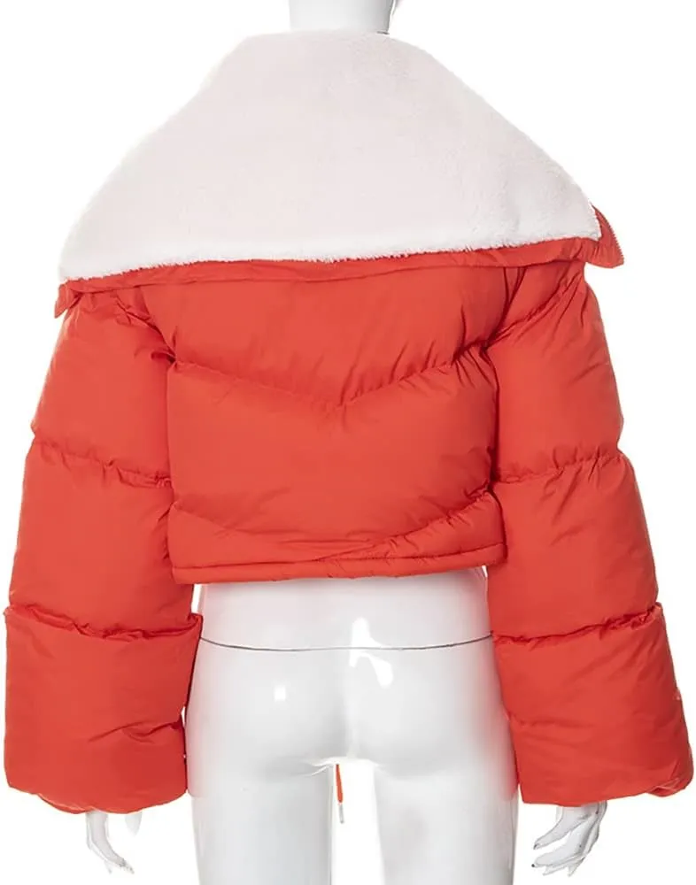 Mayntop Women Sherpa Polar Fleece Shawl Collar Cropped Letter Puffer Bomber Varsity Jacket Zipper Cotton Padded Streetwear