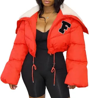 Mayntop Women Sherpa Polar Fleece Shawl Collar Cropped Letter Puffer Bomber Varsity Jacket Zipper Cotton Padded Streetwear