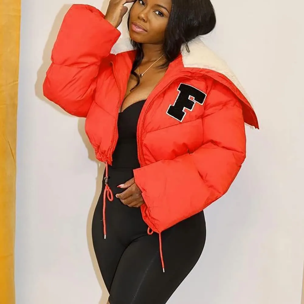 Mayntop Women Sherpa Polar Fleece Shawl Collar Cropped Letter Puffer Bomber Varsity Jacket Zipper Cotton Padded Streetwear