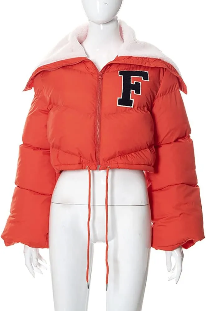 Mayntop Women Sherpa Polar Fleece Shawl Collar Cropped Letter Puffer Bomber Varsity Jacket Zipper Cotton Padded Streetwear