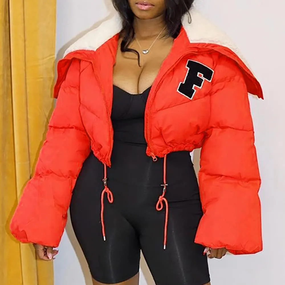 Mayntop Women Sherpa Polar Fleece Shawl Collar Cropped Letter Puffer Bomber Varsity Jacket Zipper Cotton Padded Streetwear