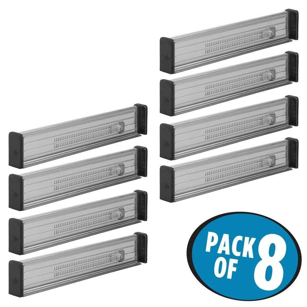 mDesign Adjustable, Expandable Drawer Organizer/Divider - Foam Ends, Strong Secure Hold, Locks in Place - for Bedroom, Bathroom, Closet, Office, Kitchen Storage - 2.5 Inches High, 8 Pack - Smoke/Black