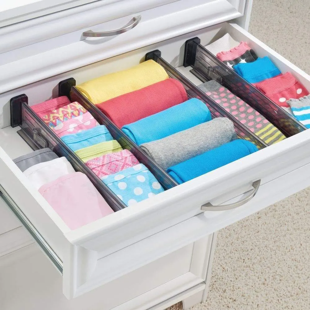 mDesign Adjustable, Expandable Drawer Organizer/Divider - Foam Ends, Strong Secure Hold, Locks in Place - for Bedroom, Bathroom, Closet, Office, Kitchen Storage - 2.5 Inches High, 8 Pack - Smoke/Black