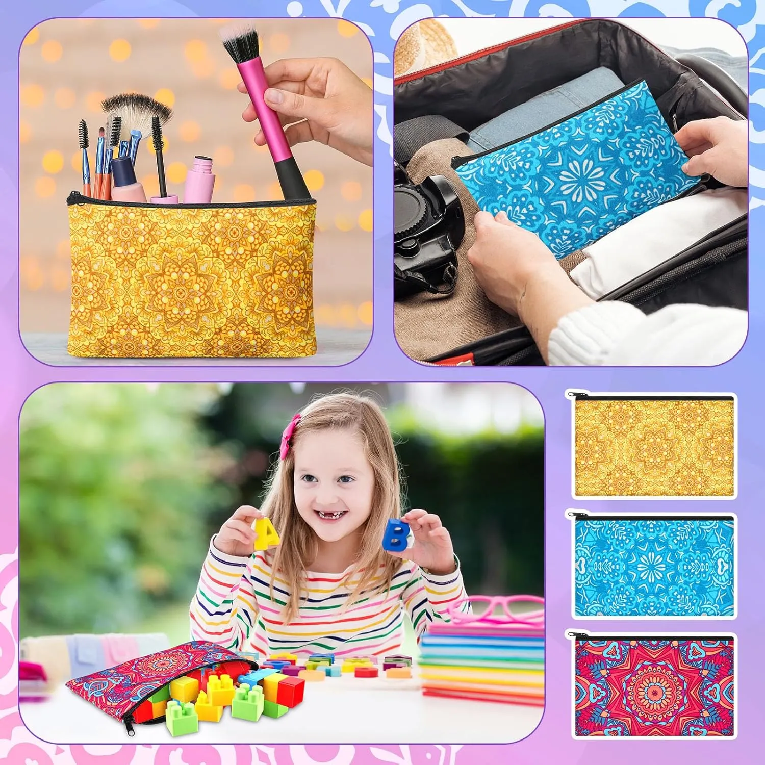 Meanplan 24 Pcs Mandala Cosmetic Bags Mandala Themed Makeup Bags Toiletry Pouch with Zipper Travel Cosmetic Organizer for Women and Girls 24 Styles