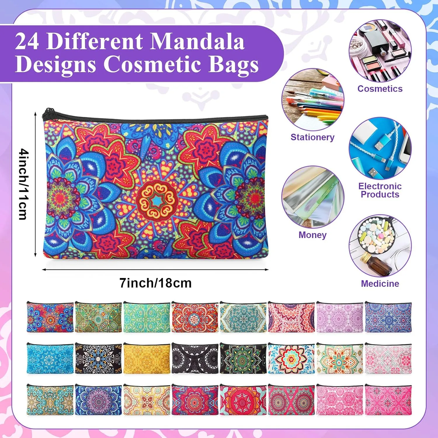 Meanplan 24 Pcs Mandala Cosmetic Bags Mandala Themed Makeup Bags Toiletry Pouch with Zipper Travel Cosmetic Organizer for Women and Girls 24 Styles