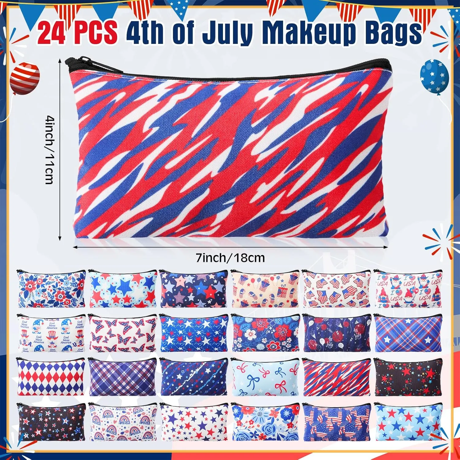 Meanplan 24 Pcs Patriotic Cosmetic Bags 4th of July Makeup Bags Toiletry Pouch with Zipper Travel Cosmetic Organizer for Independence Day Gift Women Girls 24 Styles