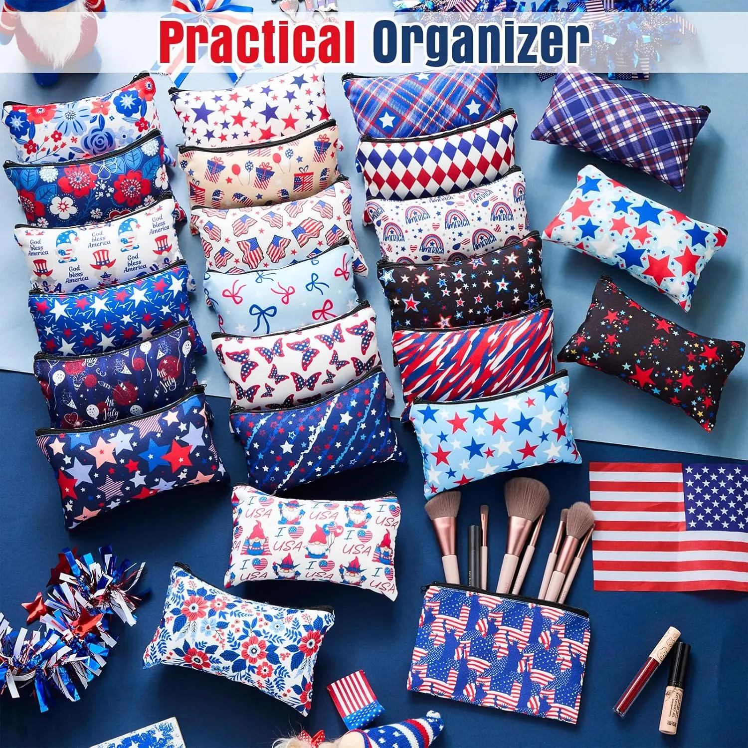 Meanplan 24 Pcs Patriotic Cosmetic Bags 4th of July Makeup Bags Toiletry Pouch with Zipper Travel Cosmetic Organizer for Independence Day Gift Women Girls 24 Styles