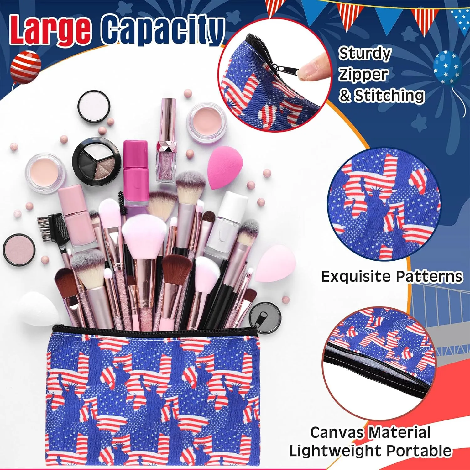 Meanplan 24 Pcs Patriotic Cosmetic Bags 4th of July Makeup Bags Toiletry Pouch with Zipper Travel Cosmetic Organizer for Independence Day Gift Women Girls 24 Styles