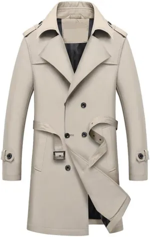 Men's Beige Trench Coat with Double Breasted Front, Notched Lapel