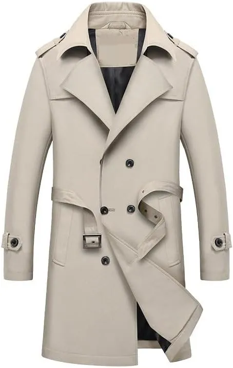 Men's Beige Trench Coat with Double Breasted Front, Notched Lapel