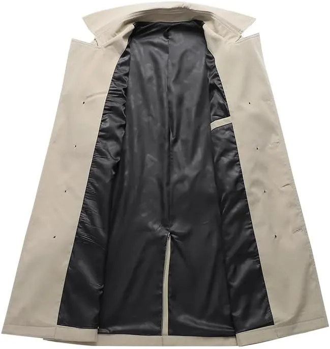 Men's Beige Trench Coat with Double Breasted Front, Notched Lapel