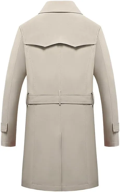 Men's Beige Trench Coat with Double Breasted Front, Notched Lapel