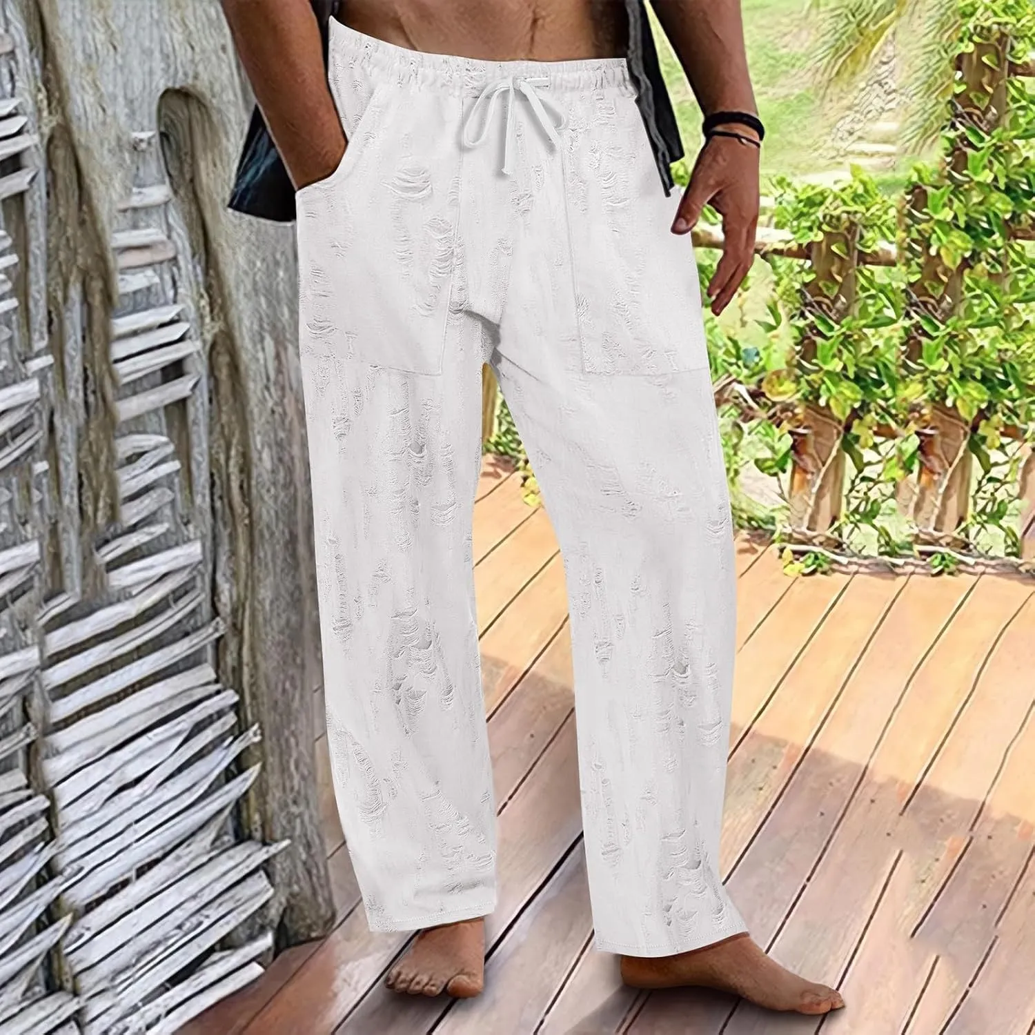 Men's Pants Wear Out Design Drawstring Loose Outdoor Casual Pants 2025
