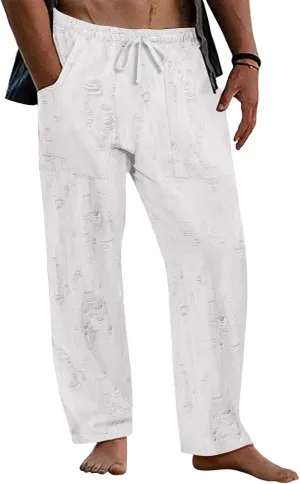 Men's Pants Wear Out Design Drawstring Loose Outdoor Casual Pants 2025