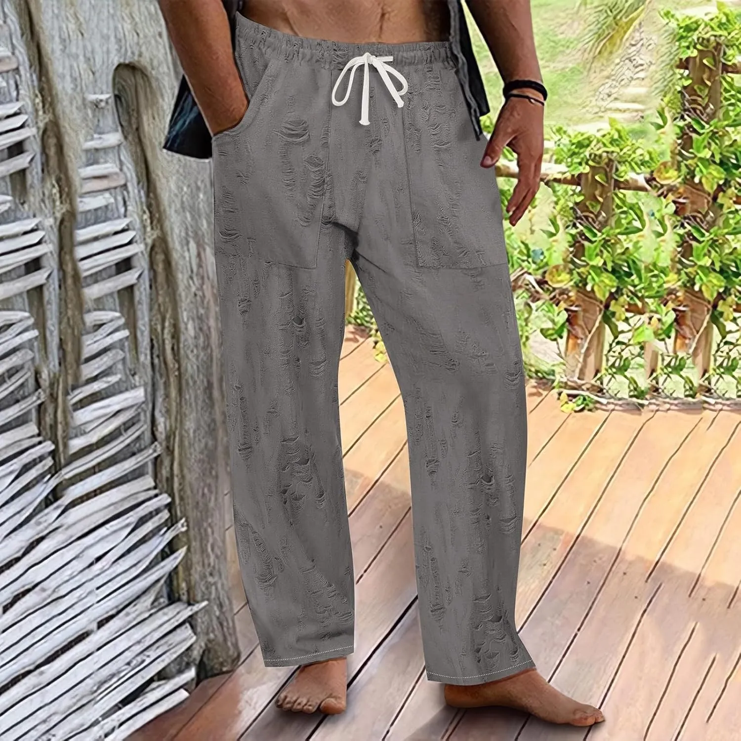 Men's Pants Wear Out Design Drawstring Loose Outdoor Casual Pants 2025
