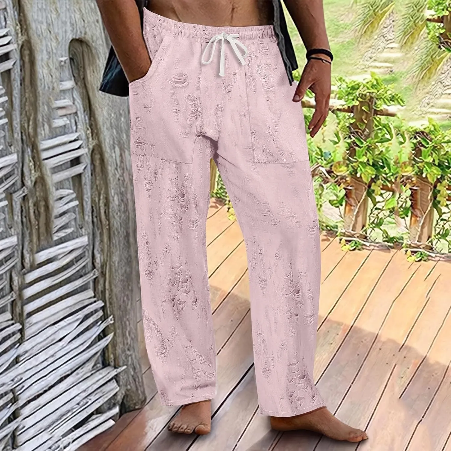 Men's Pants Wear Out Design Drawstring Loose Outdoor Casual Pants 2025