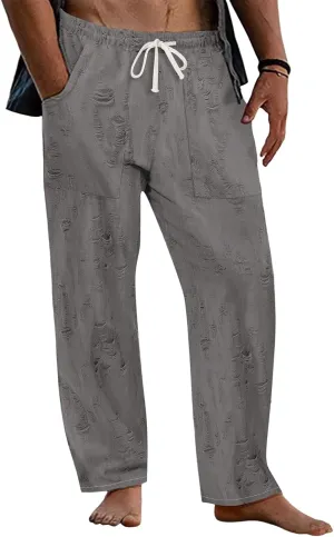 Men's Pants Wear Out Design Drawstring Loose Outdoor Casual Pants 2025
