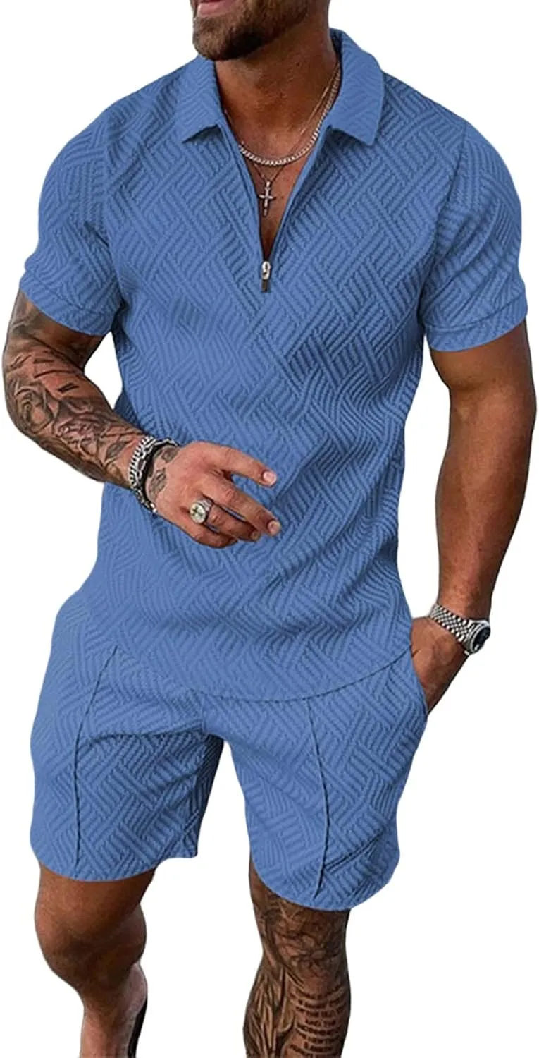 Mens Short Sets Summer 2 Piece Outfits Textured Short Sleeve Zipper Polo Shirts and Drawstring Shorts Sport Tracksuit