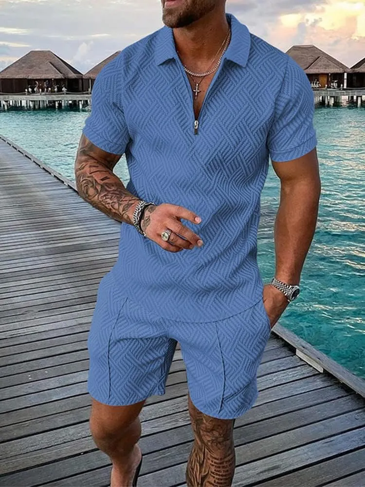 Mens Short Sets Summer 2 Piece Outfits Textured Short Sleeve Zipper Polo Shirts and Drawstring Shorts Sport Tracksuit
