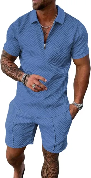 Mens Short Sets Summer 2 Piece Outfits Textured Short Sleeve Zipper Polo Shirts and Drawstring Shorts Sport Tracksuit