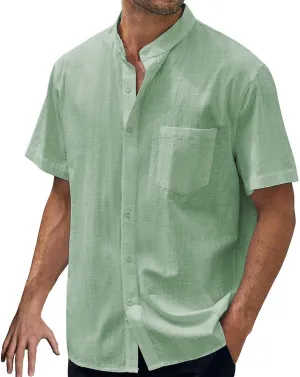 Men's Short Sleeve Fashion Casual Shirt Short Button Down Linen Shirt Summer Beach Vacation Wedding Shirts