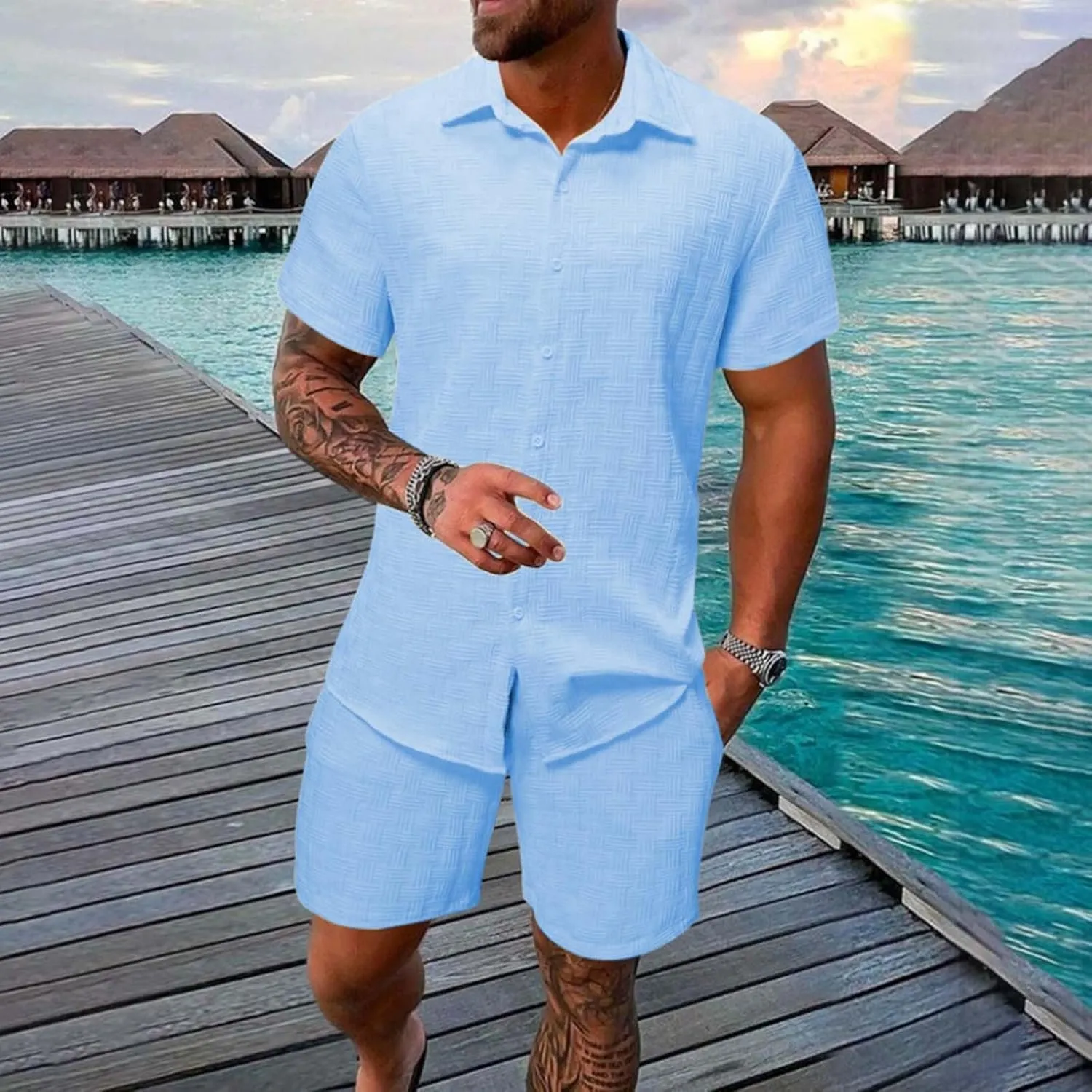 Men's Summer 2 Piece Outfit Set Short Sleeve Button Down Shirt Drawstring Shorts Lightweight Breathable Outfit Set