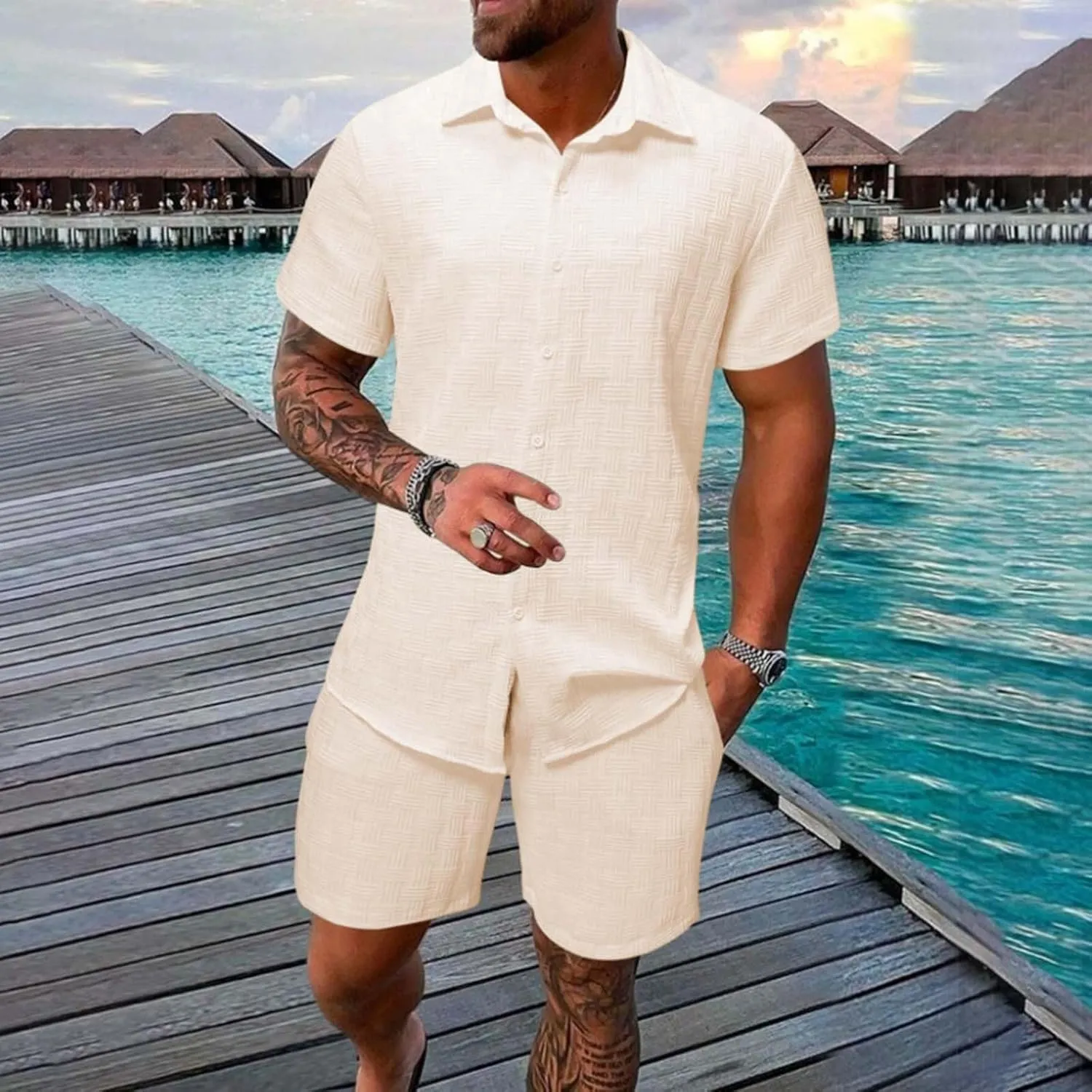 Men's Summer 2 Piece Outfit Set Short Sleeve Button Down Shirt Drawstring Shorts Lightweight Breathable Outfit Set
