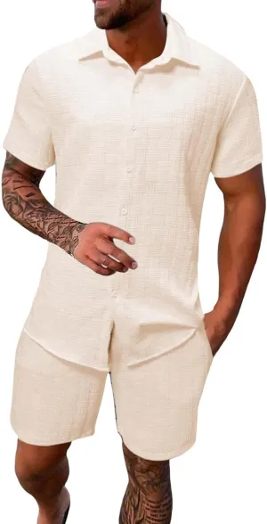 Men's Summer 2 Piece Outfit Set Short Sleeve Button Down Shirt Drawstring Shorts Lightweight Breathable Outfit Set