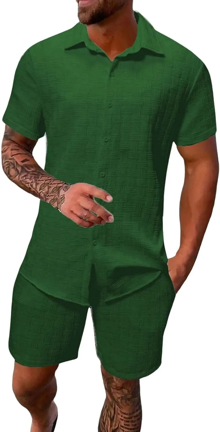 Men's Summer 2 Piece Outfit Set Short Sleeve Button Down Shirt Drawstring Shorts Lightweight Breathable Outfit Set