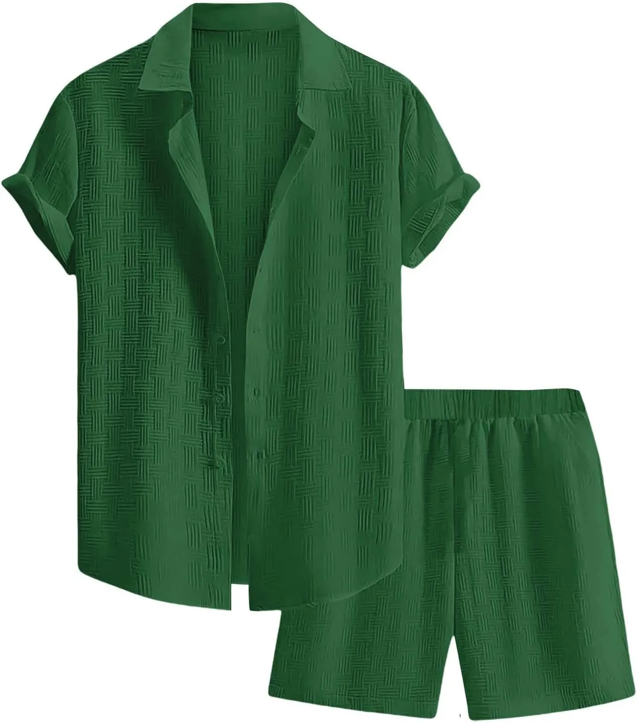 Men's Summer 2 Piece Outfit Set Short Sleeve Button Down Shirt Drawstring Shorts Lightweight Breathable Outfit Set