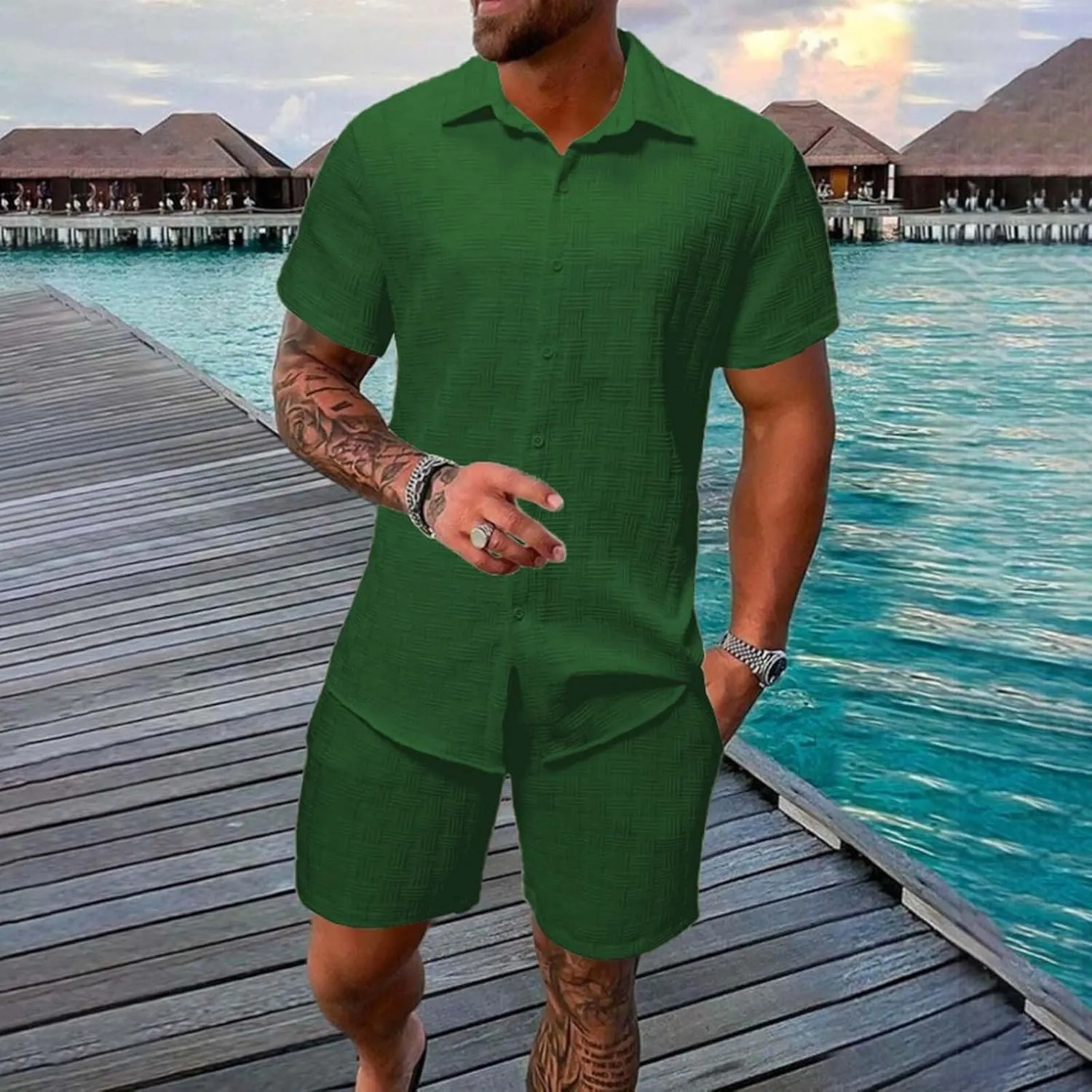 Men's Summer 2 Piece Outfit Set Short Sleeve Button Down Shirt Drawstring Shorts Lightweight Breathable Outfit Set