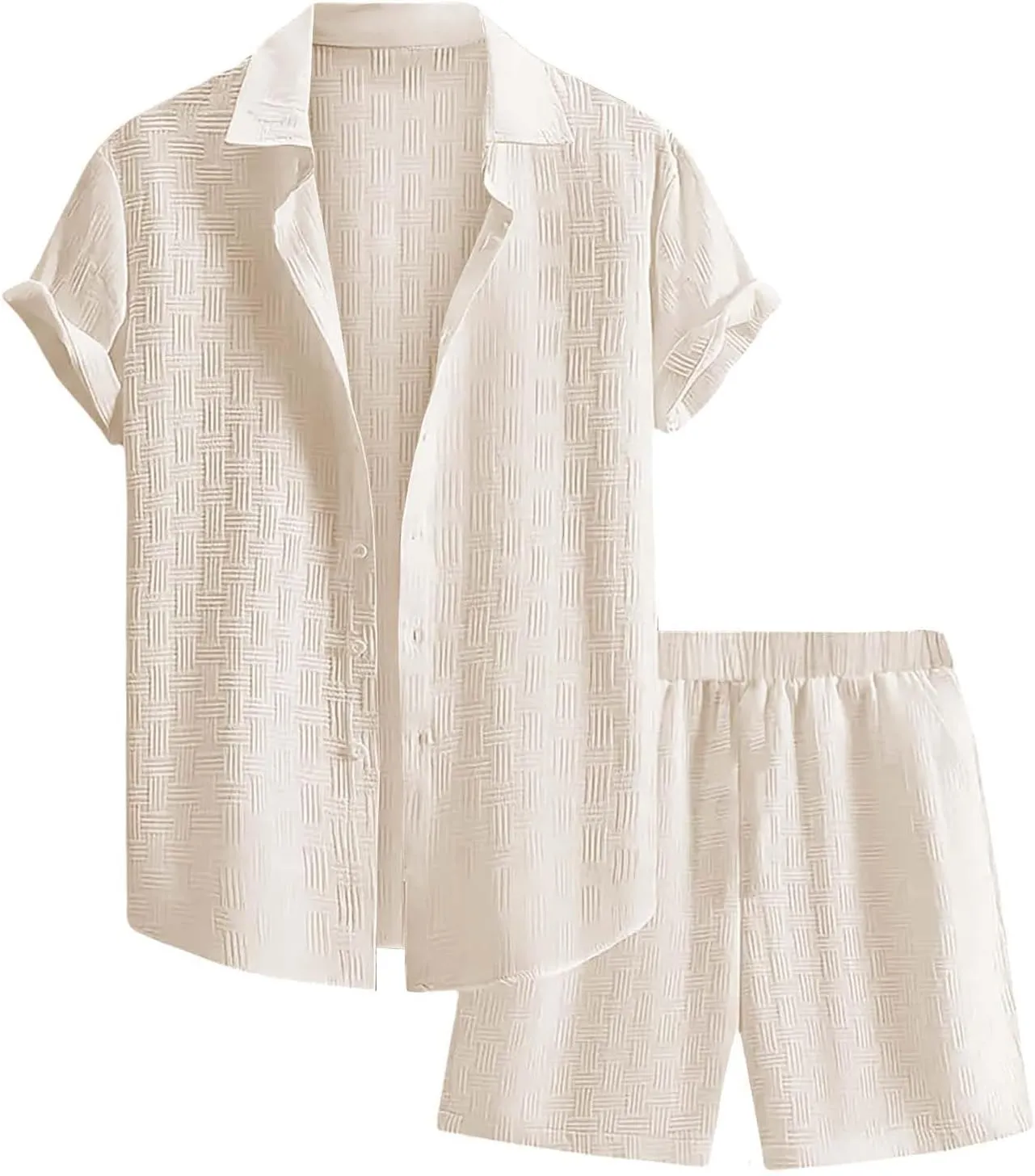 Men's Summer 2 Piece Outfit Set Short Sleeve Button Down Shirt Drawstring Shorts Lightweight Breathable Outfit Set