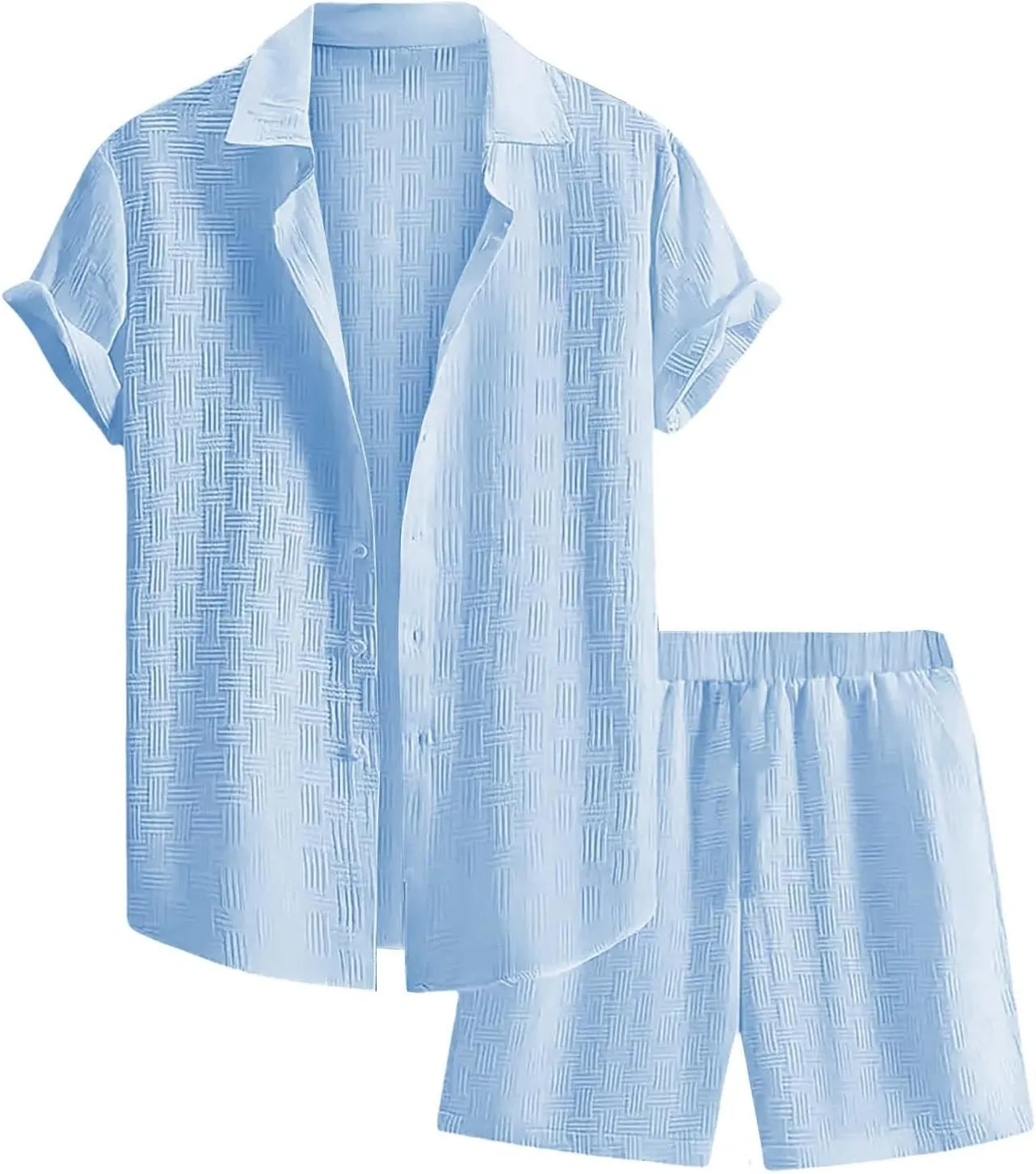 Men's Summer 2 Piece Outfit Set Short Sleeve Button Down Shirt Drawstring Shorts Lightweight Breathable Outfit Set