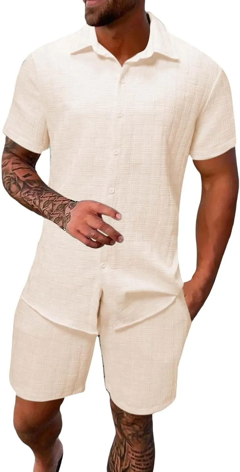 Men's Summer 2 Piece Outfit Set Short Sleeve Button Down Shirt Drawstring Shorts Lightweight Breathable Outfit Set