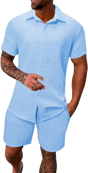 Men's Summer 2 Piece Outfit Set Short Sleeve Button Down Shirt Drawstring Shorts Lightweight Breathable Outfit Set