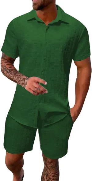 Men's Summer 2 Piece Outfit Set Short Sleeve Button Down Shirt Drawstring Shorts Lightweight Breathable Outfit Set