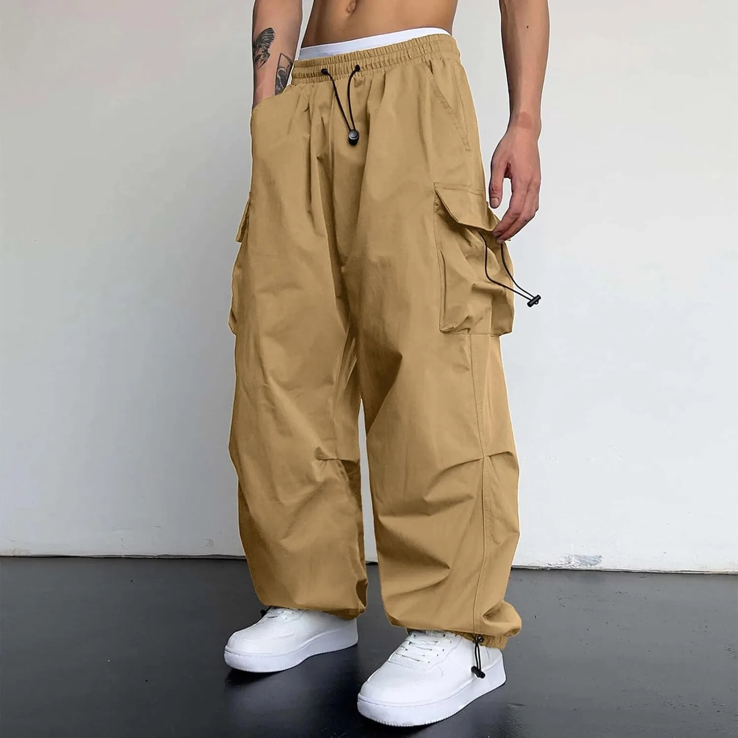 Mens Work Cargo Pant Cotton Stretchy Casual Joggers Drawstring Elastic Waist Outdoor Pants Multi Pockets