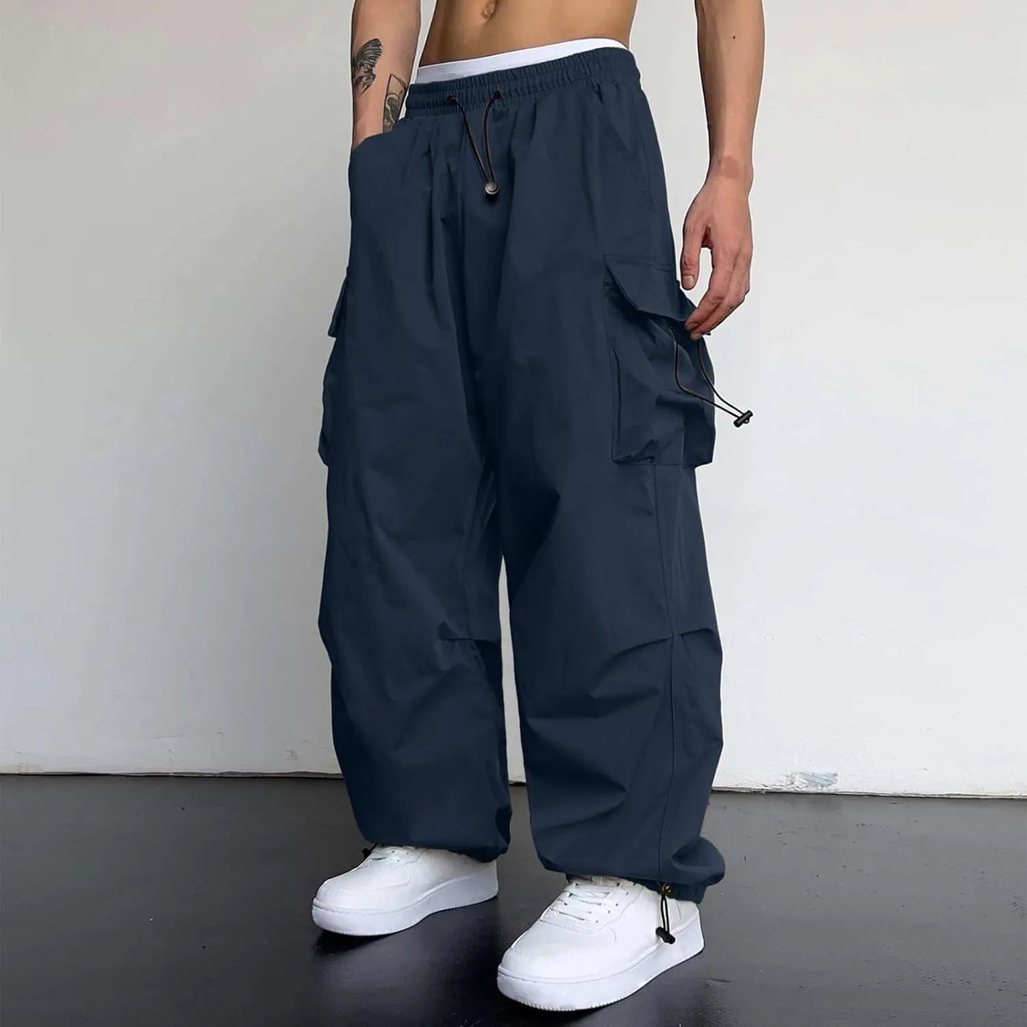 Mens Work Cargo Pant Cotton Stretchy Casual Joggers Drawstring Elastic Waist Outdoor Pants Multi Pockets