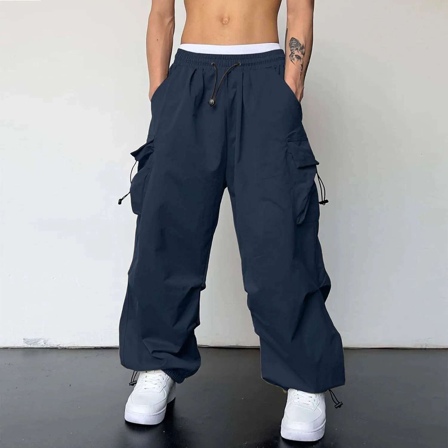 Mens Work Cargo Pant Cotton Stretchy Casual Joggers Drawstring Elastic Waist Outdoor Pants Multi Pockets