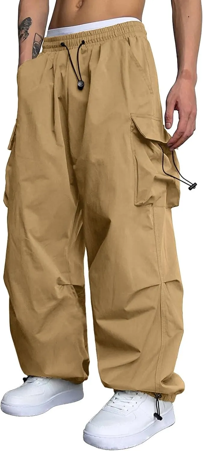 Mens Work Cargo Pant Cotton Stretchy Casual Joggers Drawstring Elastic Waist Outdoor Pants Multi Pockets