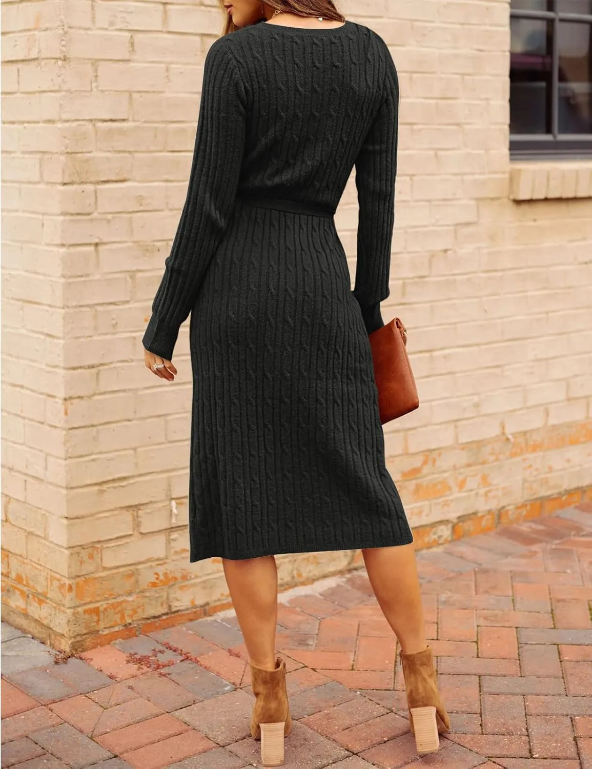 MEROKEETY Women's V Neck Cable Knit Sweater Dress Long Sleeve Bodycon Slit Pullover Midi Dress with Belt