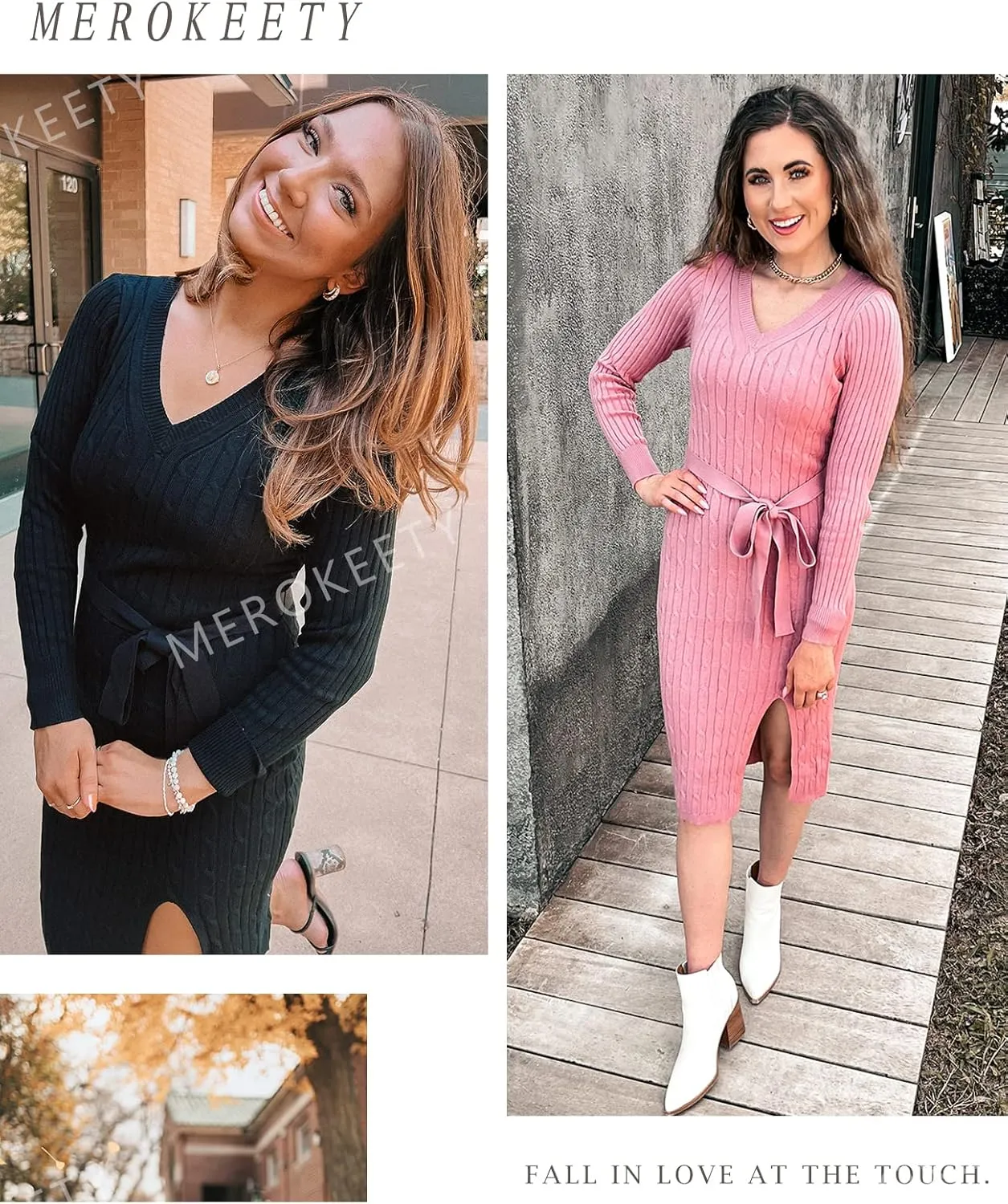 MEROKEETY Women's V Neck Cable Knit Sweater Dress Long Sleeve Bodycon Slit Pullover Midi Dress with Belt