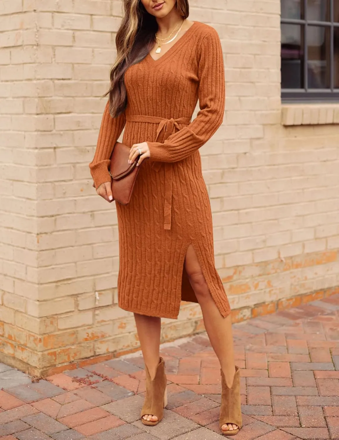 MEROKEETY Women's V Neck Cable Knit Sweater Dress Long Sleeve Bodycon Slit Pullover Midi Dress with Belt