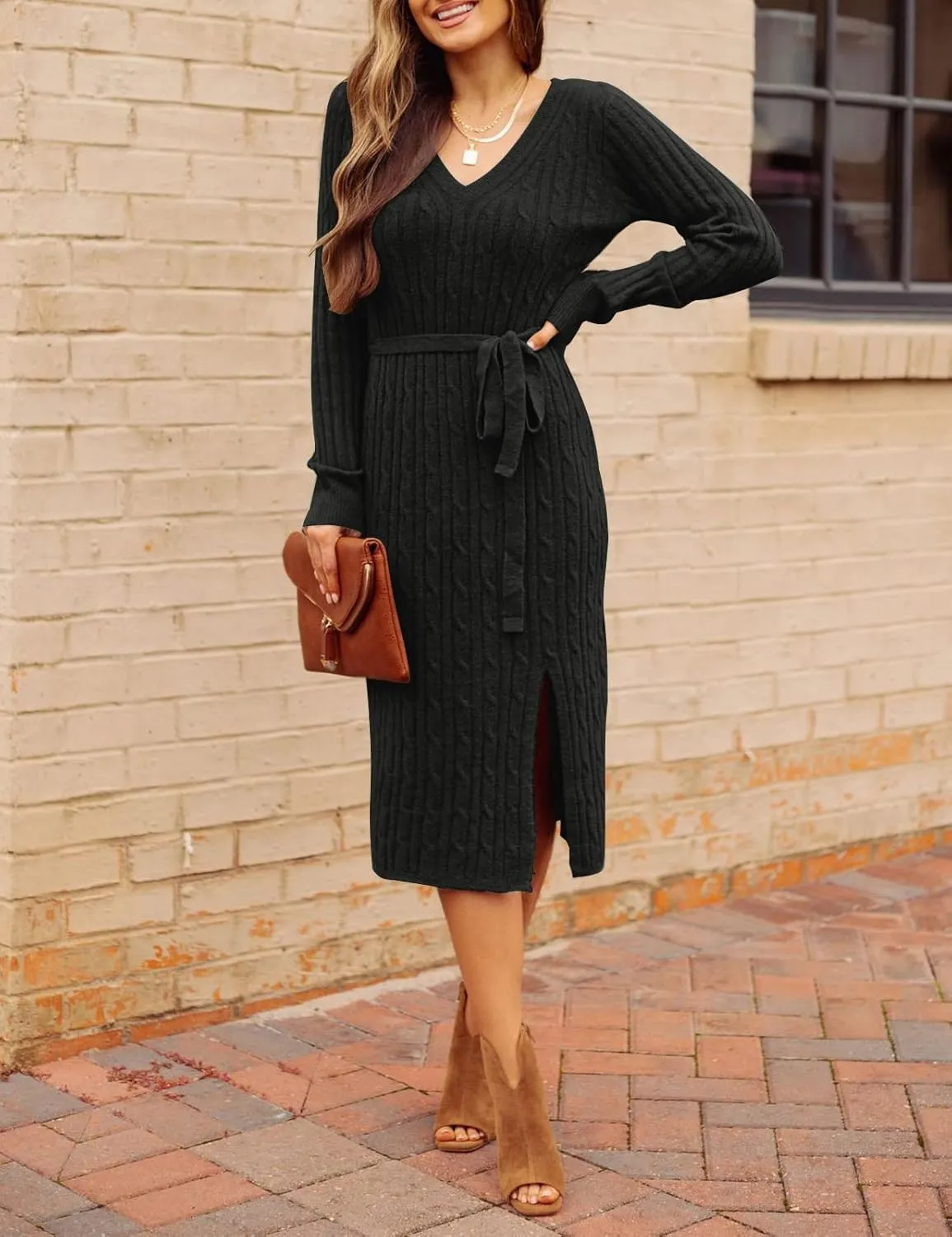 MEROKEETY Women's V Neck Cable Knit Sweater Dress Long Sleeve Bodycon Slit Pullover Midi Dress with Belt