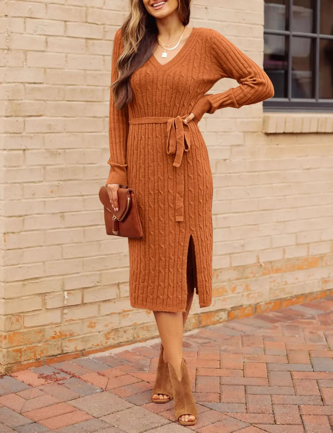 MEROKEETY Women's V Neck Cable Knit Sweater Dress Long Sleeve Bodycon Slit Pullover Midi Dress with Belt