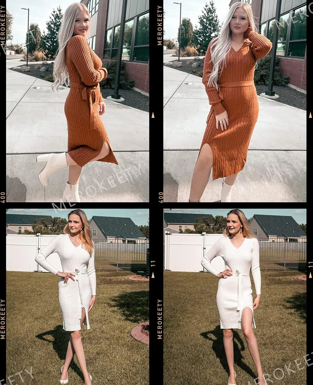 MEROKEETY Women's V Neck Cable Knit Sweater Dress Long Sleeve Bodycon Slit Pullover Midi Dress with Belt
